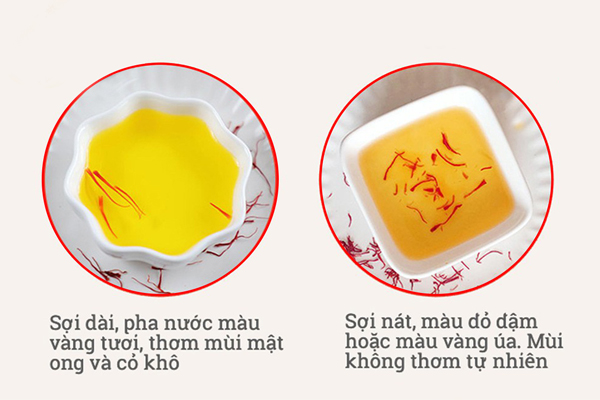 Khi pha trà uống thì saffron thật có màu vàng tươi, sợi nhụy vẫn còn nguyên vẹn trong khi saffon giả lại có màu đỏ đậm và sợi nhụy bị nát